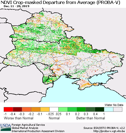 Ukraine, Moldova and Belarus NDVI Crop-masked Departure from Average (PROBA-V) Thematic Map For 12/11/2019 - 12/20/2019