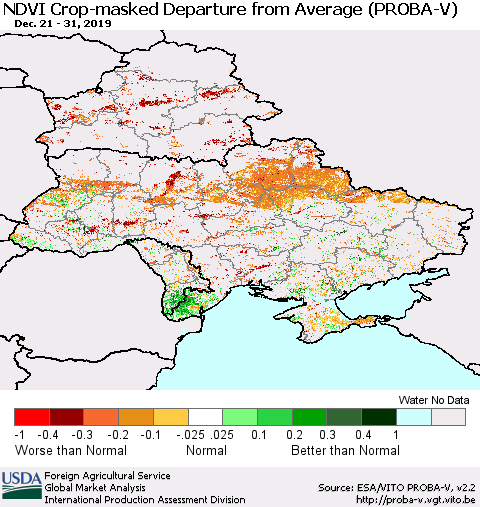 Ukraine, Moldova and Belarus NDVI Crop-masked Departure from Average (PROBA-V) Thematic Map For 12/21/2019 - 12/31/2019