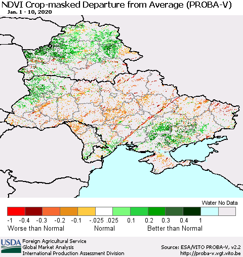 Ukraine, Moldova and Belarus NDVI Crop-masked Departure from Average (PROBA-V) Thematic Map For 1/1/2020 - 1/10/2020