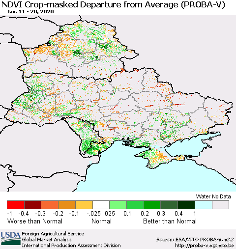 Ukraine, Moldova and Belarus NDVI Crop-masked Departure from Average (PROBA-V) Thematic Map For 1/11/2020 - 1/20/2020