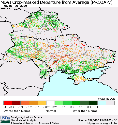 Ukraine, Moldova and Belarus NDVI Crop-masked Departure from Average (PROBA-V) Thematic Map For 1/21/2020 - 1/31/2020