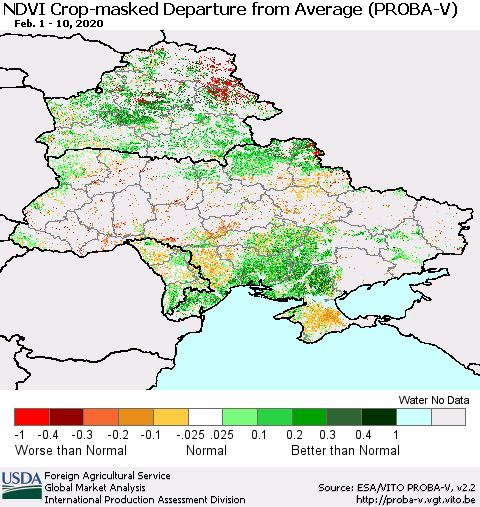 Ukraine, Moldova and Belarus NDVI Crop-masked Departure from Average (PROBA-V) Thematic Map For 2/1/2020 - 2/10/2020