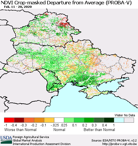 Ukraine, Moldova and Belarus NDVI Crop-masked Departure from Average (PROBA-V) Thematic Map For 2/11/2020 - 2/20/2020