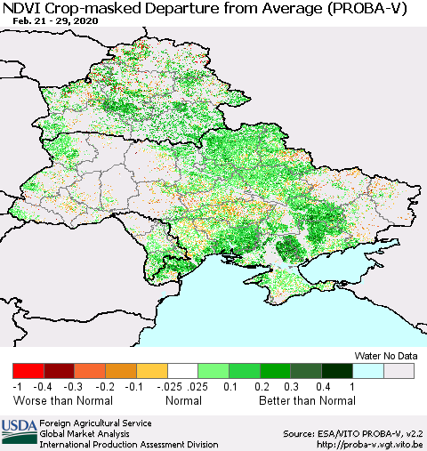 Ukraine, Moldova and Belarus NDVI Crop-masked Departure from Average (PROBA-V) Thematic Map For 2/21/2020 - 2/29/2020
