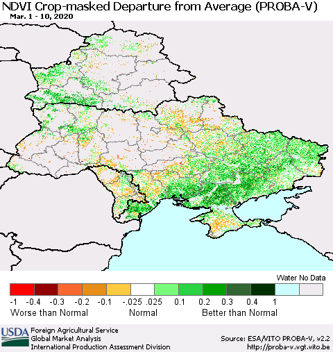 Ukraine, Moldova and Belarus NDVI Crop-masked Departure from Average (PROBA-V) Thematic Map For 3/1/2020 - 3/10/2020