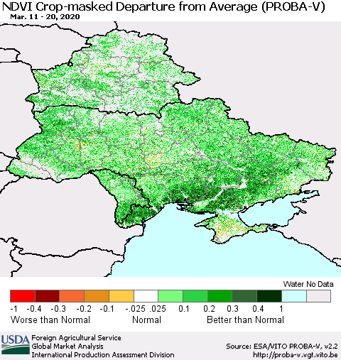 Ukraine, Moldova and Belarus NDVI Crop-masked Departure from Average (PROBA-V) Thematic Map For 3/11/2020 - 3/20/2020