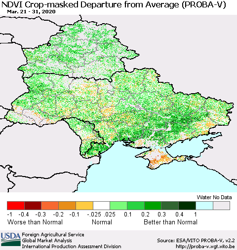 Ukraine, Moldova and Belarus NDVI Crop-masked Departure from Average (PROBA-V) Thematic Map For 3/21/2020 - 3/31/2020