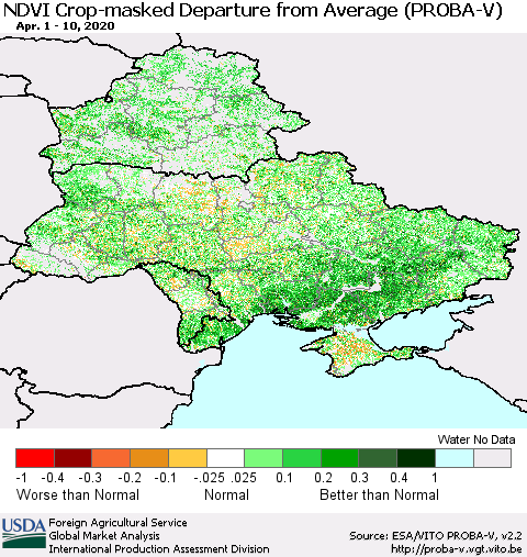 Ukraine, Moldova and Belarus NDVI Crop-masked Departure from Average (PROBA-V) Thematic Map For 4/1/2020 - 4/10/2020