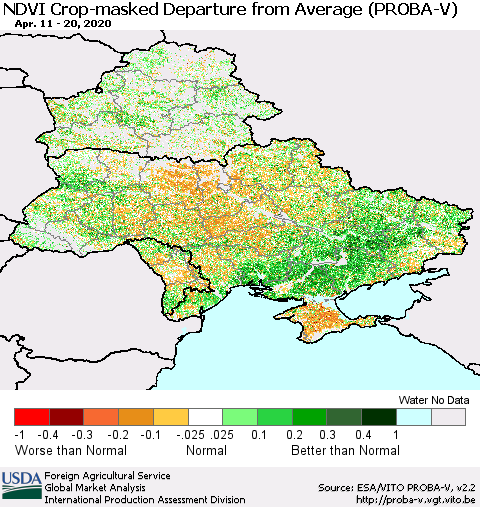 Ukraine, Moldova and Belarus NDVI Crop-masked Departure from Average (PROBA-V) Thematic Map For 4/11/2020 - 4/20/2020
