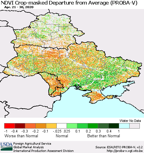Ukraine, Moldova and Belarus NDVI Crop-masked Departure from Average (PROBA-V) Thematic Map For 4/21/2020 - 4/30/2020