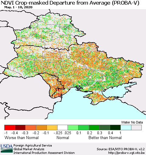 Ukraine, Moldova and Belarus NDVI Crop-masked Departure from Average (PROBA-V) Thematic Map For 5/1/2020 - 5/10/2020