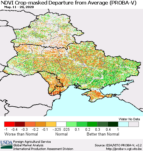 Ukraine, Moldova and Belarus NDVI Crop-masked Departure from Average (PROBA-V) Thematic Map For 5/11/2020 - 5/20/2020