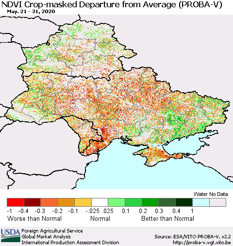 Ukraine, Moldova and Belarus NDVI Crop-masked Departure from Average (PROBA-V) Thematic Map For 5/21/2020 - 5/31/2020