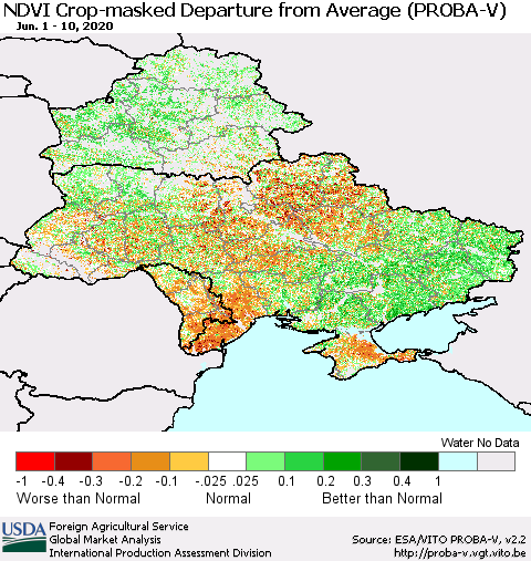 Ukraine, Moldova and Belarus NDVI Crop-masked Departure from Average (PROBA-V) Thematic Map For 6/1/2020 - 6/10/2020
