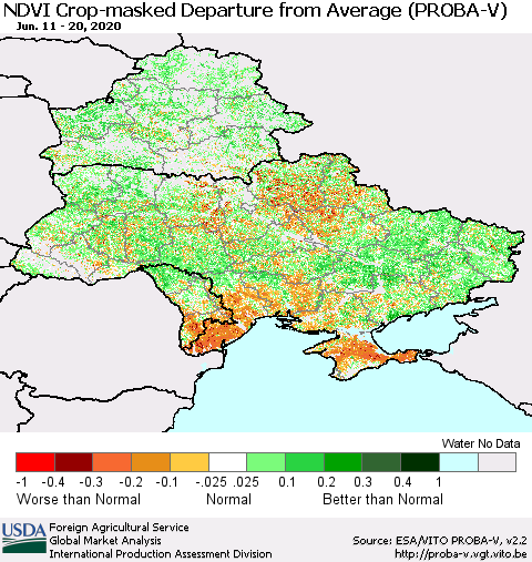 Ukraine, Moldova and Belarus NDVI Crop-masked Departure from Average (PROBA-V) Thematic Map For 6/11/2020 - 6/20/2020