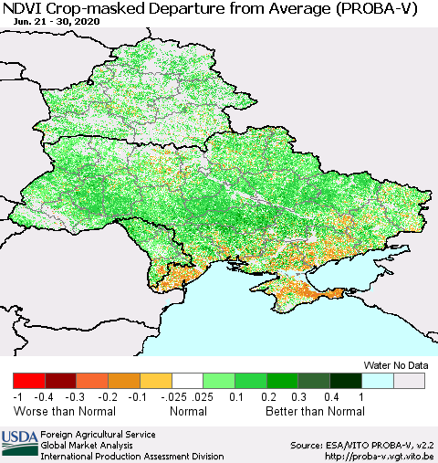 Ukraine, Moldova and Belarus NDVI Crop-masked Departure from Average (PROBA-V) Thematic Map For 6/21/2020 - 6/30/2020