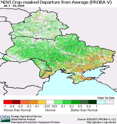 Ukraine, Moldova and Belarus NDVI Crop-masked Departure from Average (PROBA-V) Thematic Map For 7/1/2020 - 7/10/2020