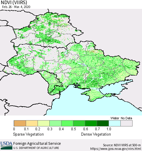 Ukraine, Moldova and Belarus NDVI (VIIRS) Thematic Map For 3/1/2020 - 3/10/2020