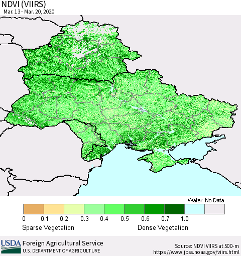 Ukraine, Moldova and Belarus NDVI (VIIRS) Thematic Map For 3/11/2020 - 3/20/2020