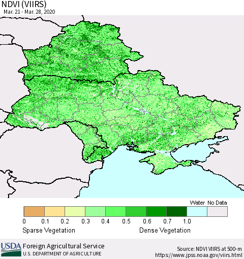 Ukraine, Moldova and Belarus NDVI (VIIRS) Thematic Map For 3/21/2020 - 3/31/2020