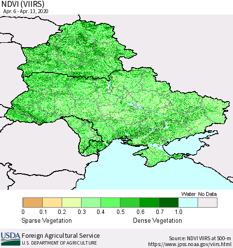 Ukraine, Moldova and Belarus NDVI (VIIRS) Thematic Map For 4/11/2020 - 4/20/2020