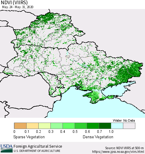 Ukraine, Moldova and Belarus NDVI (VIIRS) Thematic Map For 5/21/2020 - 5/31/2020