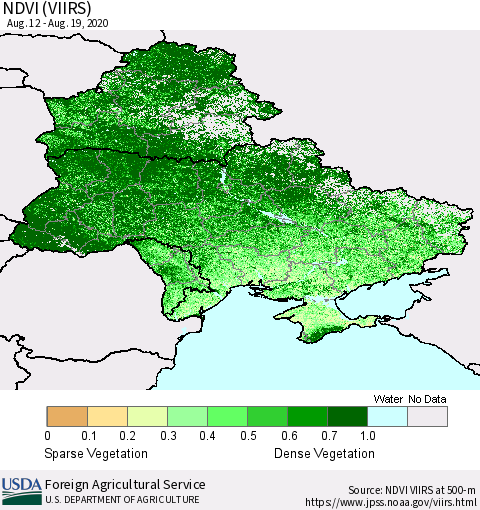 Ukraine, Moldova and Belarus NDVI (VIIRS) Thematic Map For 8/11/2020 - 8/20/2020
