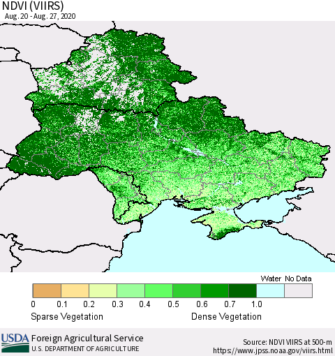 Ukraine, Moldova and Belarus NDVI (VIIRS) Thematic Map For 8/21/2020 - 8/31/2020