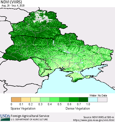 Ukraine, Moldova and Belarus NDVI (VIIRS) Thematic Map For 9/1/2020 - 9/10/2020
