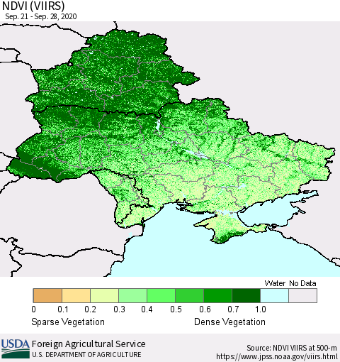 Ukraine, Moldova and Belarus NDVI (VIIRS) Thematic Map For 9/21/2020 - 9/30/2020