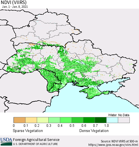 Ukraine, Moldova and Belarus NDVI (VIIRS) Thematic Map For 1/1/2021 - 1/10/2021