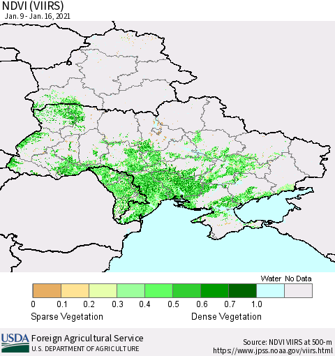 Ukraine, Moldova and Belarus NDVI (VIIRS) Thematic Map For 1/11/2021 - 1/20/2021