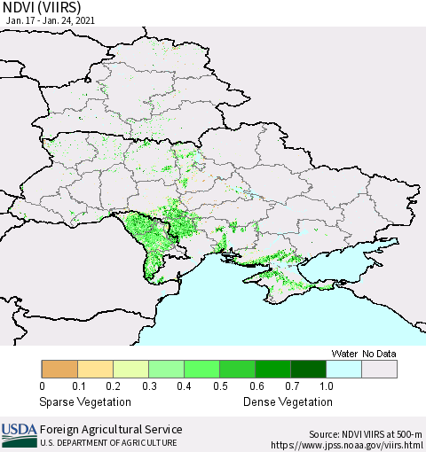 Ukraine, Moldova and Belarus NDVI (VIIRS) Thematic Map For 1/21/2021 - 1/31/2021