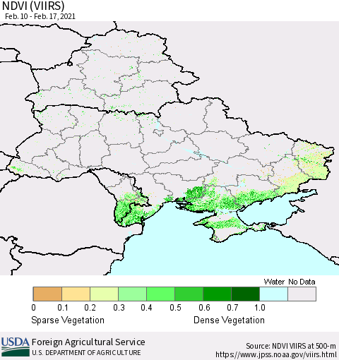 Ukraine, Moldova and Belarus NDVI (VIIRS) Thematic Map For 2/11/2021 - 2/20/2021