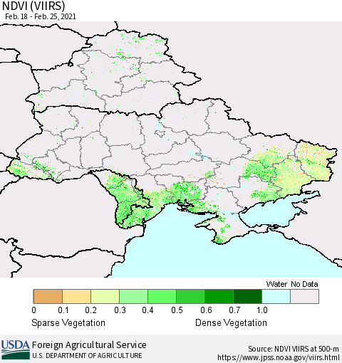 Ukraine, Moldova and Belarus NDVI (VIIRS) Thematic Map For 2/21/2021 - 2/28/2021