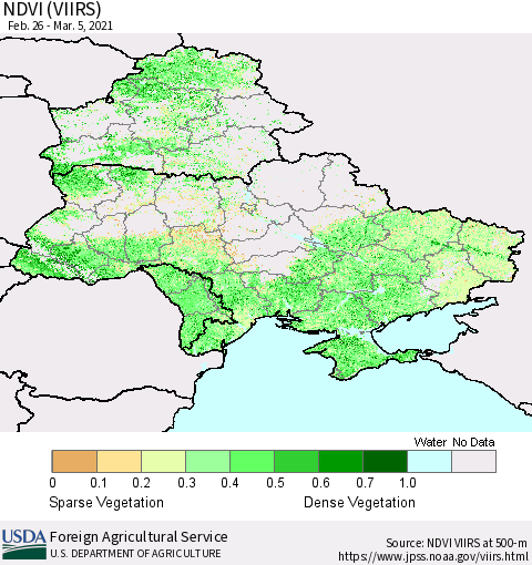 Ukraine, Moldova and Belarus NDVI (VIIRS) Thematic Map For 3/1/2021 - 3/10/2021