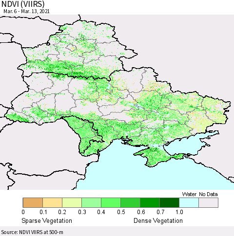 Ukraine, Moldova and Belarus NDVI (VIIRS) Thematic Map For 3/6/2021 - 3/13/2021