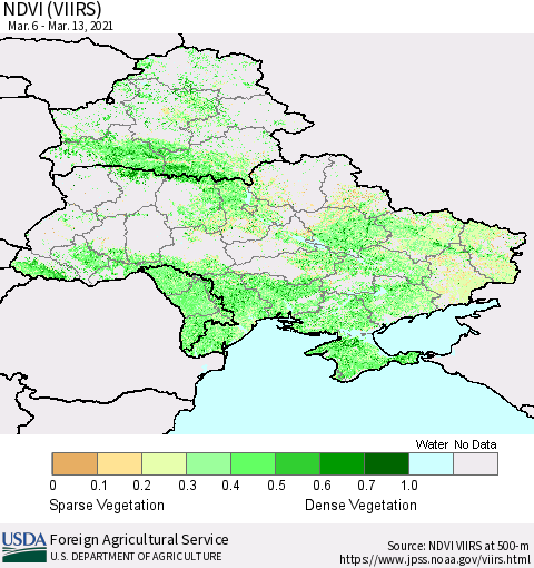 Ukraine, Moldova and Belarus NDVI (VIIRS) Thematic Map For 3/11/2021 - 3/20/2021
