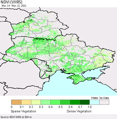 Ukraine, Moldova and Belarus NDVI (VIIRS) Thematic Map For 3/14/2021 - 3/21/2021