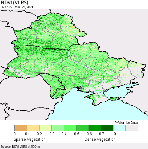 Ukraine, Moldova and Belarus NDVI (VIIRS) Thematic Map For 3/22/2021 - 3/29/2021