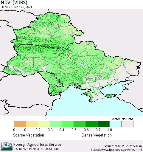 Ukraine, Moldova and Belarus NDVI (VIIRS) Thematic Map For 3/21/2021 - 3/31/2021