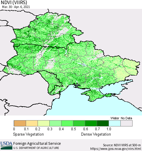 Ukraine, Moldova and Belarus NDVI (VIIRS) Thematic Map For 4/1/2021 - 4/10/2021