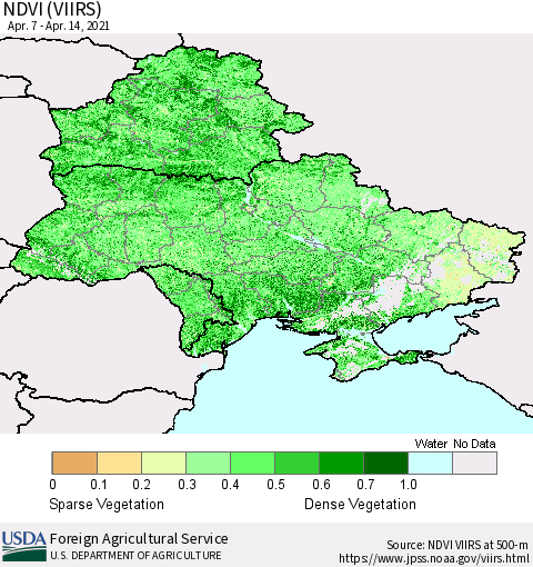 Ukraine, Moldova and Belarus NDVI (VIIRS) Thematic Map For 4/11/2021 - 4/20/2021