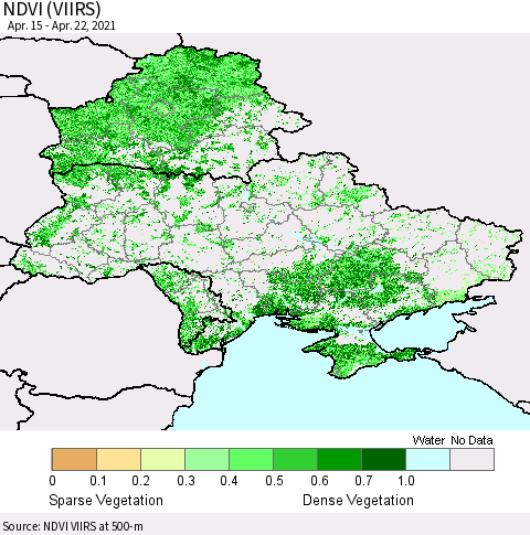 Ukraine, Moldova and Belarus NDVI (VIIRS) Thematic Map For 4/15/2021 - 4/22/2021