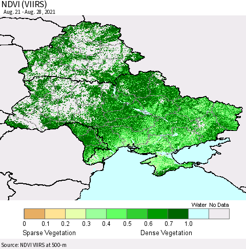 Ukraine, Moldova and Belarus NDVI (VIIRS) Thematic Map For 8/21/2021 - 8/28/2021