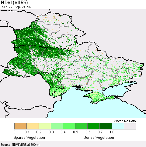 Ukraine, Moldova and Belarus NDVI (VIIRS) Thematic Map For 9/22/2021 - 9/29/2021