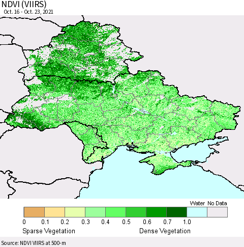 Ukraine, Moldova and Belarus NDVI (VIIRS) Thematic Map For 10/16/2021 - 10/23/2021
