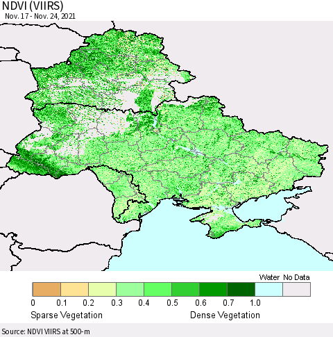 Ukraine, Moldova and Belarus NDVI (VIIRS) Thematic Map For 11/17/2021 - 11/24/2021