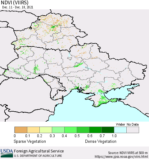 Ukraine, Moldova and Belarus NDVI (VIIRS) Thematic Map For 12/11/2021 - 12/20/2021