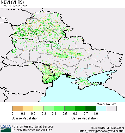 Ukraine, Moldova and Belarus NDVI (VIIRS) Thematic Map For 12/21/2021 - 12/31/2021